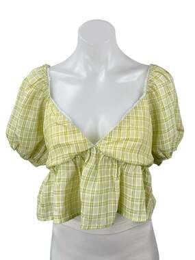 Blue Blush Women's Yellow Plaid Check Deep V Neck Puff Sleeve Crop Blouse Top M